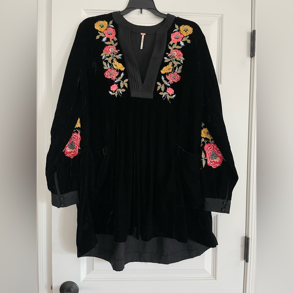 Free People Black Velvet Embroidered Florals Dress